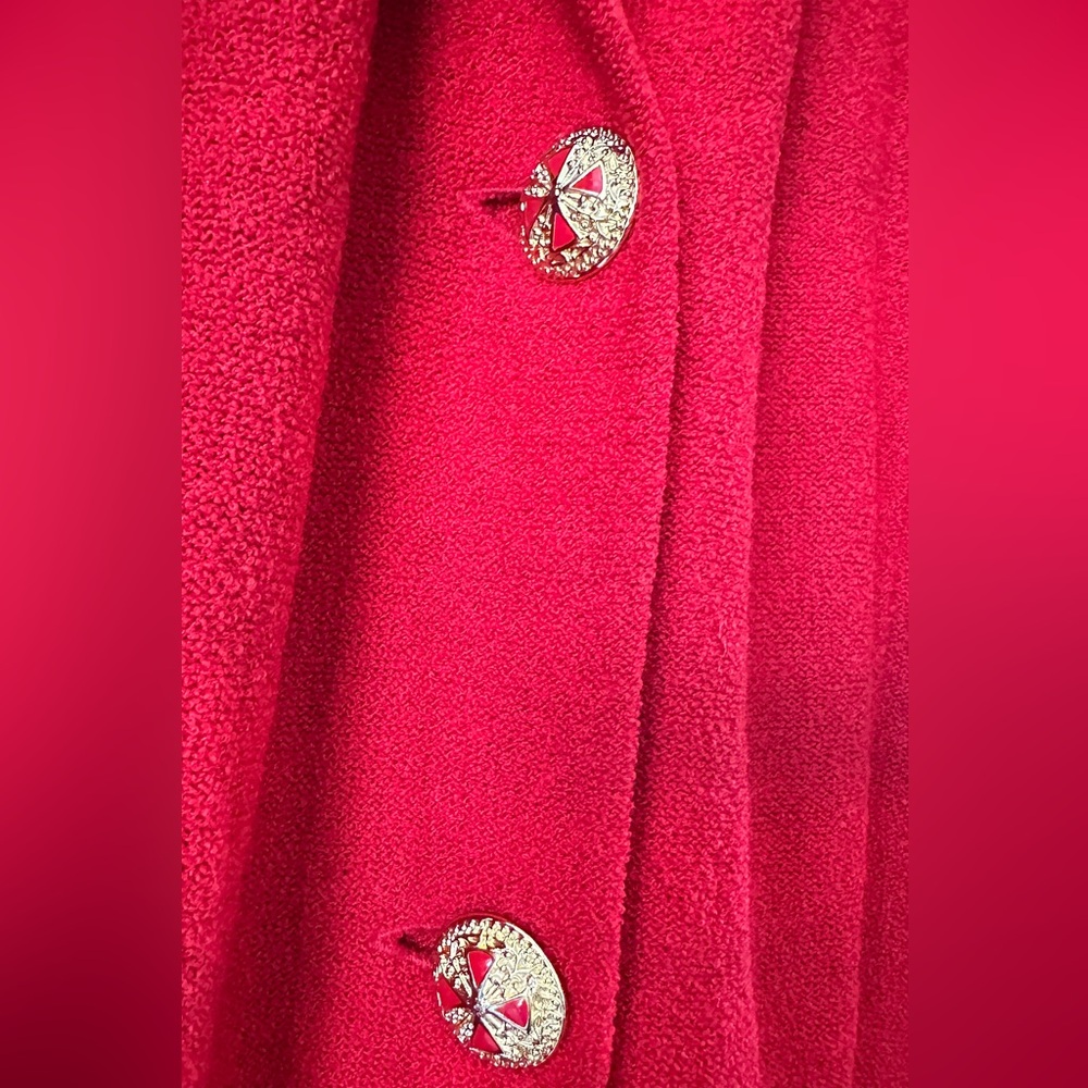St. John Collection Red Knit Long Coat Gold Buttons Size 12 - Picture 3 of 12